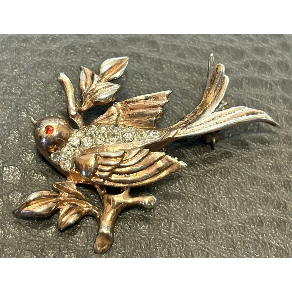 Whimsical Vintage Sterling Silver Brooch Bird On Branch 40's Brooch Pin